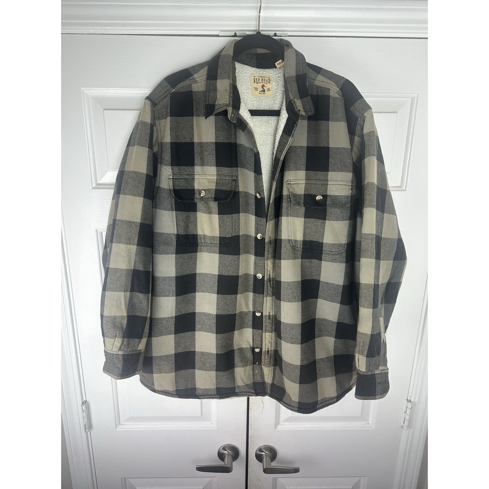 RedHead Sherpa Lined Plaid Black Brown/Gray Flannel Buttton Shirt Jacket-Sz XL